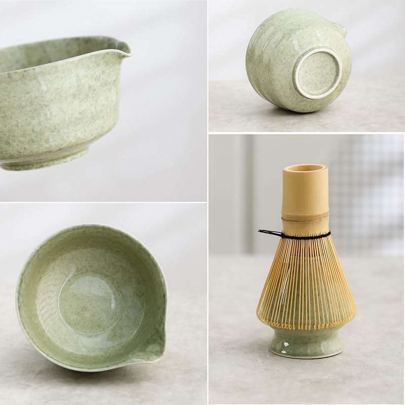Matcha Set, Japanese Tea Set Includes Matcha Bowl with Spout, Matcha Whisk Holder, Bamboo Matcha Whisk and Bamboo Scoop, 17 oz Mottled Green Glaze Ceramic Matcha Kit for Tea Lovers - Image 6