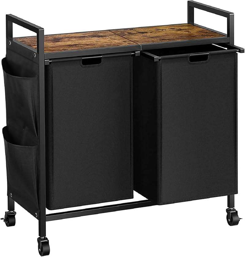 WOWLIVE Double Laundry Hamper with Lid,Rolling Laundry Basket Organizer with Wheels, Iron-Made Laundry Sorter with Top Shelf and 2 Removable Bags,Large Clothes Storage for Room,Black 1 - Image 1