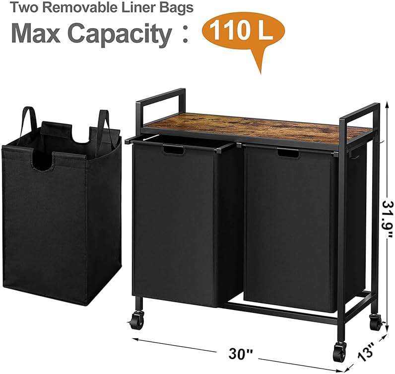WOWLIVE Double Laundry Hamper with Lid,Rolling Laundry Basket Organizer with Wheels, Iron-Made Laundry Sorter with Top Shelf and 2 Removable Bags,Large Clothes Storage for Room,Black 1 - Image 3