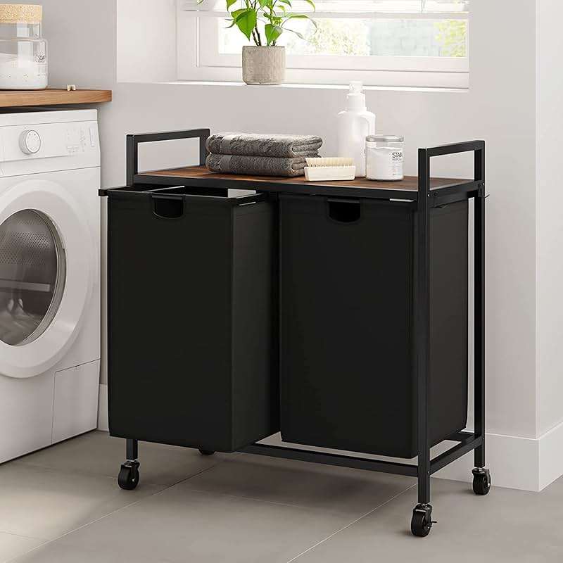 WOWLIVE Double Laundry Hamper with Lid,Rolling Laundry Basket Organizer with Wheels, Iron-Made Laundry Sorter with Top Shelf and 2 Removable Bags,Large Clothes Storage for Room,Black 1 - Image 4