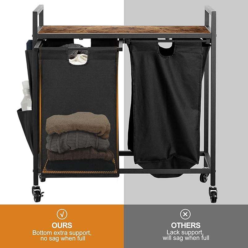 WOWLIVE Double Laundry Hamper with Lid,Rolling Laundry Basket Organizer with Wheels, Iron-Made Laundry Sorter with Top Shelf and 2 Removable Bags,Large Clothes Storage for Room,Black 1 - Image 7