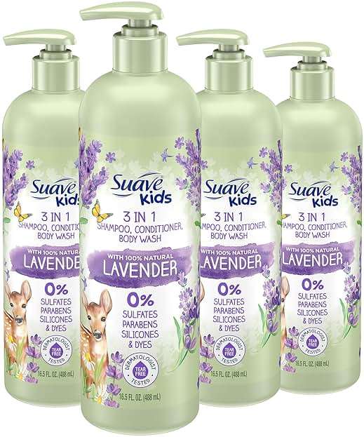 Suave Kids Natural Lavender Oil 3-in-1 Tear Free, Body Wash, Shampoo and Conditioners, No Sulfates, No Parabens, No Silicones, No Dyes, 16.5 Oz Pack of 4 - Image 1