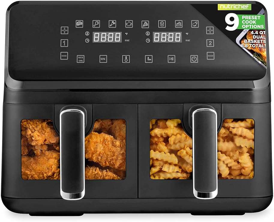 Nutrichef Double Basket Air Fryer 8.8 QT | Family Size Oil Free Airfryer with Transparent Window | 9-1 Preset Cooking Options | 360° Hot Air Circulation Technology | 4.4 QTs per Basket | Black - Image 1