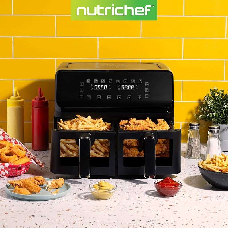 Nutrichef Double Basket Air Fryer 8.8 QT | Family Size Oil Free Airfryer with Transparent Window | 9-1 Preset Cooking Options | 360° Hot Air Circulation Technology | 4.4 QTs per Basket | Black - Image 2