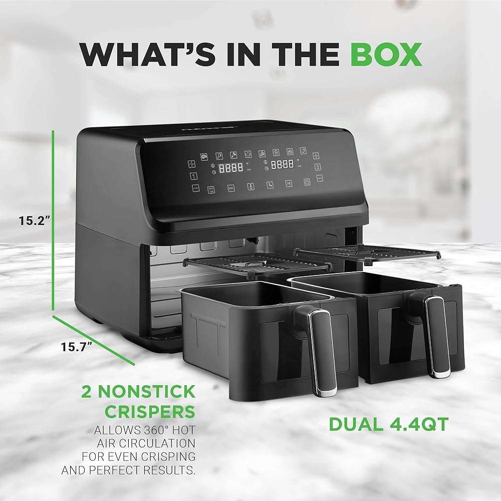 Nutrichef Double Basket Air Fryer 8.8 QT | Family Size Oil Free Airfryer with Transparent Window | 9-1 Preset Cooking Options | 360° Hot Air Circulation Technology | 4.4 QTs per Basket | Black - Image 3