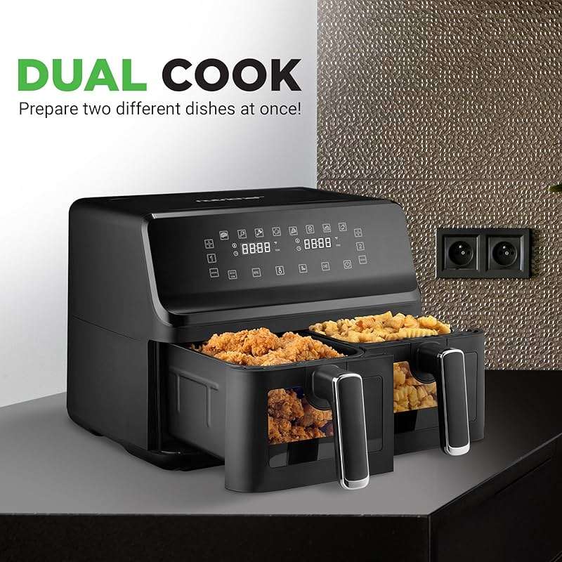 Nutrichef Double Basket Air Fryer 8.8 QT | Family Size Oil Free Airfryer with Transparent Window | 9-1 Preset Cooking Options | 360° Hot Air Circulation Technology | 4.4 QTs per Basket | Black - Image 4