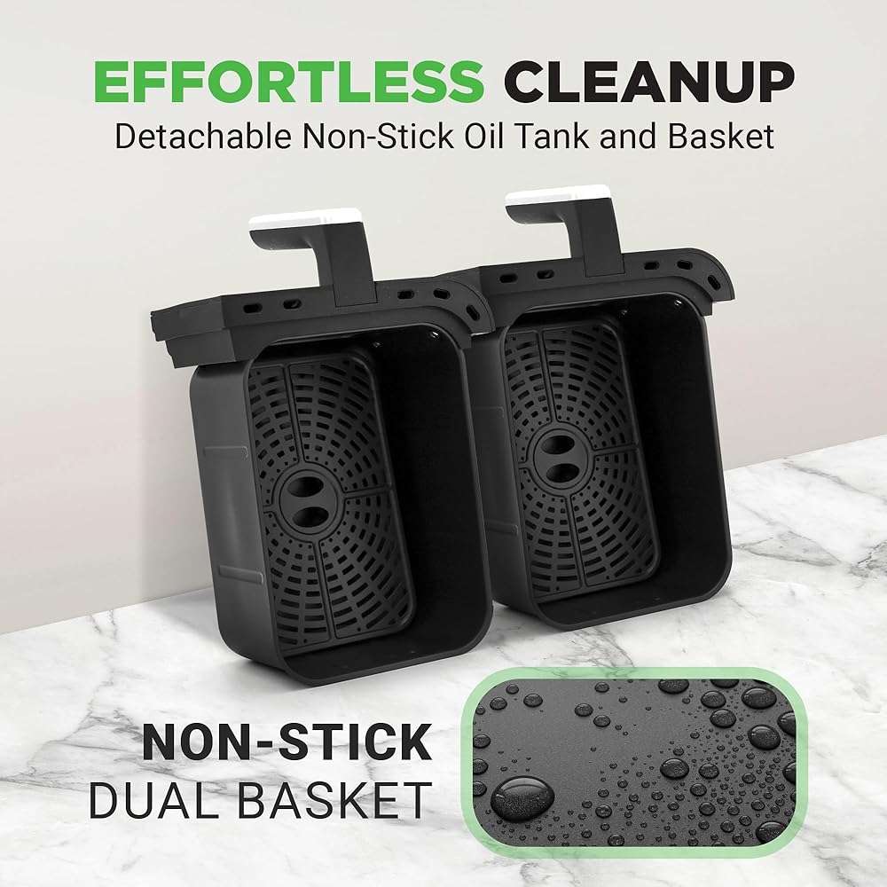 Nutrichef Double Basket Air Fryer 8.8 QT | Family Size Oil Free Airfryer with Transparent Window | 9-1 Preset Cooking Options | 360° Hot Air Circulation Technology | 4.4 QTs per Basket | Black - Image 6