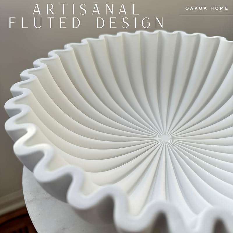OAKOA Large Decorative Bowl - White Decorative Bowls for Home Decor - Organic Modern Home Decor Bowl - Concrete Ruffle Bowl Decor - Fluted Bowl - Scalloped Bowl - Image 4