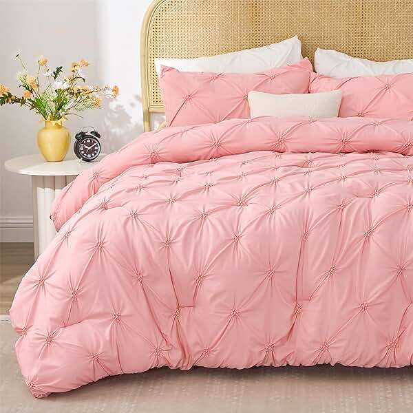 BEDELITE Pink Queen Comforter Set - 3 Pieces Boho Pintuck Bedding Comforter Sets, Lightweight Soft & Warm Bed Comforter with 2 Pillowcases for All Season,Valentines Day - Image 1