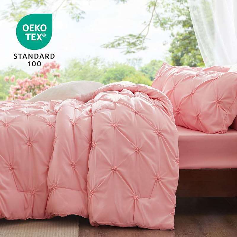 BEDELITE Pink Queen Comforter Set - 3 Pieces Boho Pintuck Bedding Comforter Sets, Lightweight Soft & Warm Bed Comforter with 2 Pillowcases for All Season,Valentines Day - Image 3
