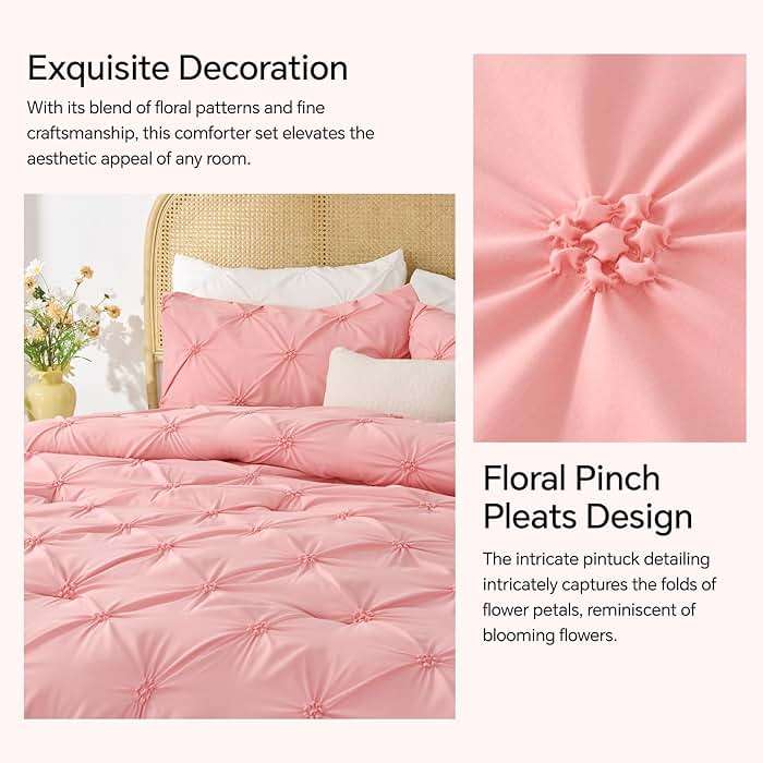 BEDELITE Pink Queen Comforter Set - 3 Pieces Boho Pintuck Bedding Comforter Sets, Lightweight Soft & Warm Bed Comforter with 2 Pillowcases for All Season,Valentines Day - Image 4