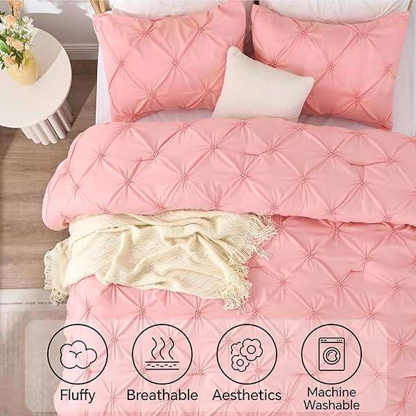 BEDELITE Pink Queen Comforter Set - 3 Pieces Boho Pintuck Bedding Comforter Sets, Lightweight Soft & Warm Bed Comforter with 2 Pillowcases for All Season,Valentines Day - Image 5