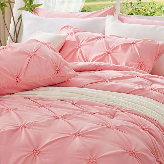 BEDELITE Pink Queen Comforter Set - 3 Pieces Boho Pintuck Bedding Comforter Sets, Lightweight Soft & Warm Bed Comforter with 2 Pillowcases for All Season,Valentines Day - Image 6