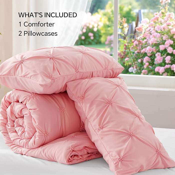 BEDELITE Pink Queen Comforter Set - 3 Pieces Boho Pintuck Bedding Comforter Sets, Lightweight Soft & Warm Bed Comforter with 2 Pillowcases for All Season,Valentines Day - Image 7