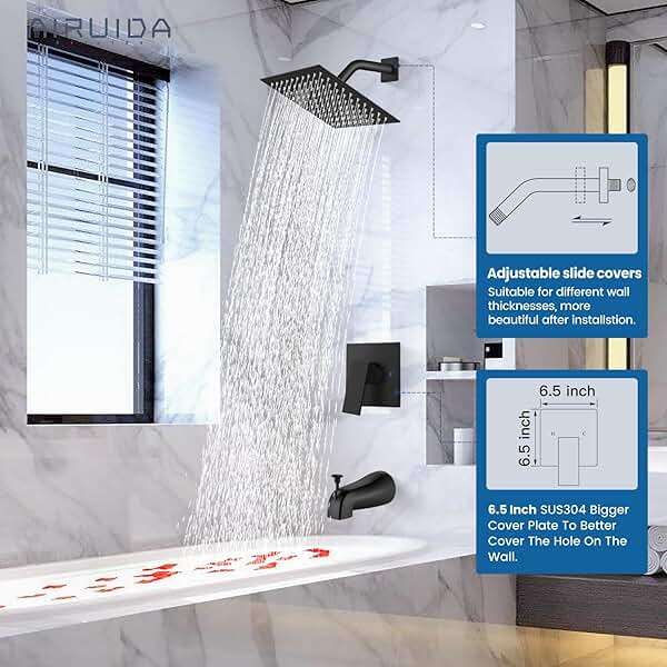 Airuida Shower Faucet Set with Tub Spout Bathtub Faucet Kit Shower Tub Faucet Set Complete Tub Shower Trim Kit with Solid Brass Rough-in Valve and Rainfall Square Showerhead,8 Inch-Matte Black - Image 4