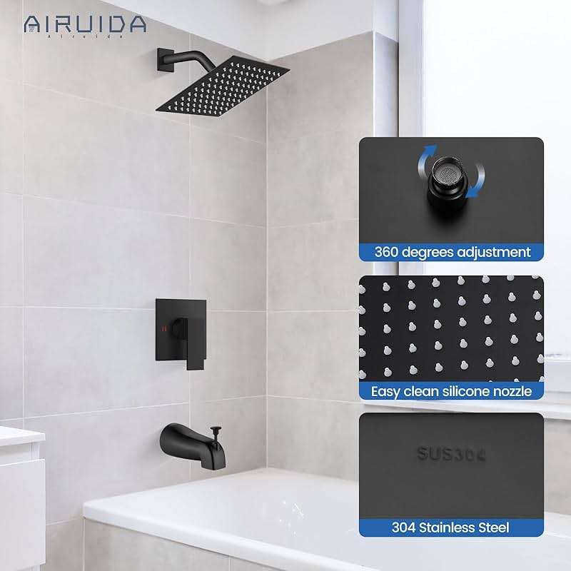 Airuida Shower Faucet Set with Tub Spout Bathtub Faucet Kit Shower Tub Faucet Set Complete Tub Shower Trim Kit with Solid Brass Rough-in Valve and Rainfall Square Showerhead,8 Inch-Matte Black - Image 6