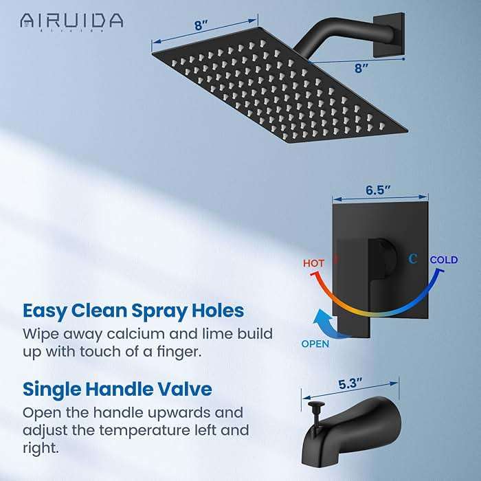 Airuida Shower Faucet Set with Tub Spout Bathtub Faucet Kit Shower Tub Faucet Set Complete Tub Shower Trim Kit with Solid Brass Rough-in Valve and Rainfall Square Showerhead,8 Inch-Matte Black - Image 7