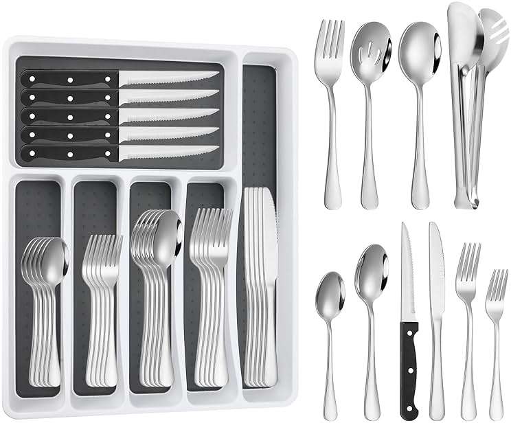 53PCS Silverware Set for 8 with Flatware Drawer Organizer, Stainless Steel Cutlery Set with Steak Knives, Include Spoons and Forks Set & Serving Utensils, Mirror Polished, Dishwasher Safe - Image 1