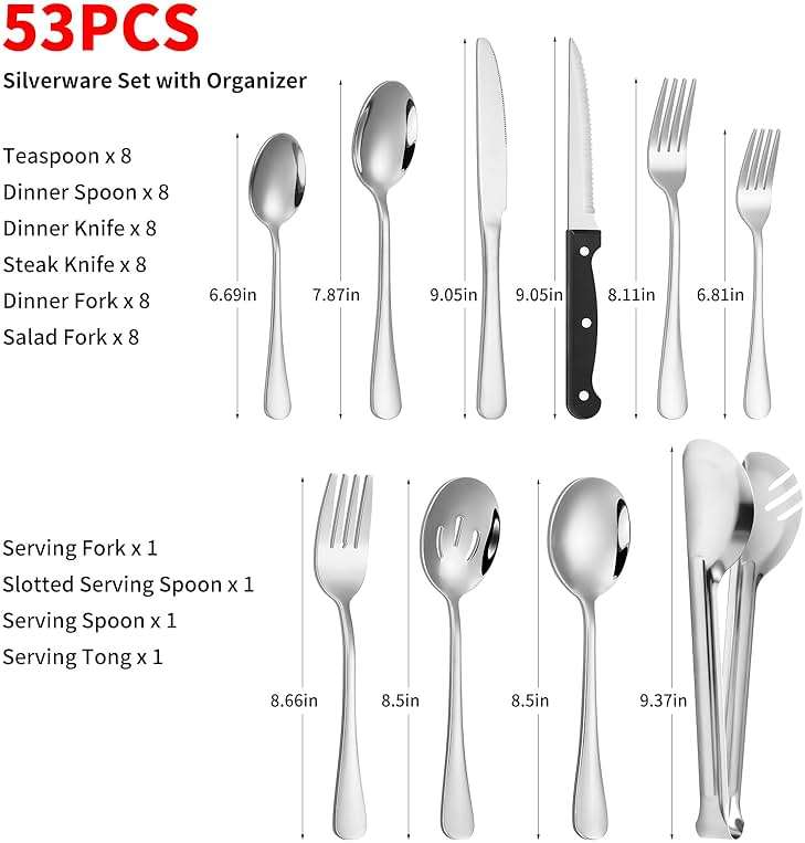 53PCS Silverware Set for 8 with Flatware Drawer Organizer, Stainless Steel Cutlery Set with Steak Knives, Include Spoons and Forks Set & Serving Utensils, Mirror Polished, Dishwasher Safe - Image 4