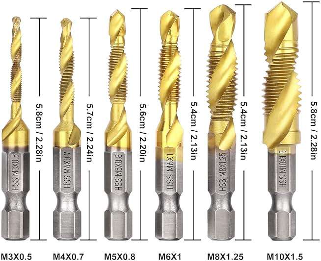 Drill Tap Set, Valkynos 6 Packs Titanium Plated Combination Taps Drill Bit Set, M3 M4 M5 M6 M8 M10 Hex Shank HSS Screw Thread Metric Compound Tap Drill Bits Metal Drilling - Image 2