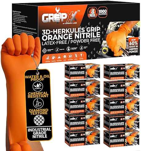 GRIPXX Herkules Grip Heavy Duty 8Mil Orange Nitrile Gloves,3D Raised Diamond Texture-Latex & Powder Free-Industrial, Mechanic (10, X-Large) - Image 1