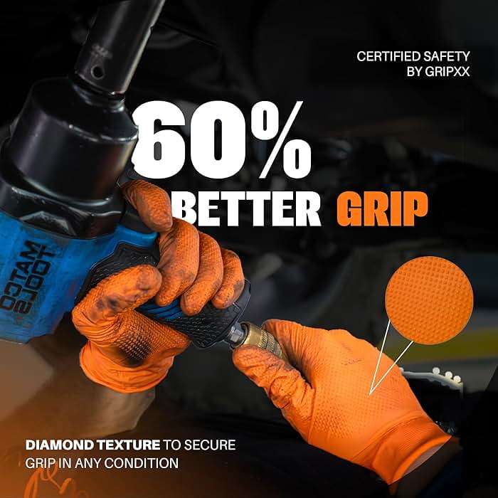 GRIPXX Herkules Grip Heavy Duty 8Mil Orange Nitrile Gloves,3D Raised Diamond Texture-Latex & Powder Free-Industrial, Mechanic (10, X-Large) - Image 4