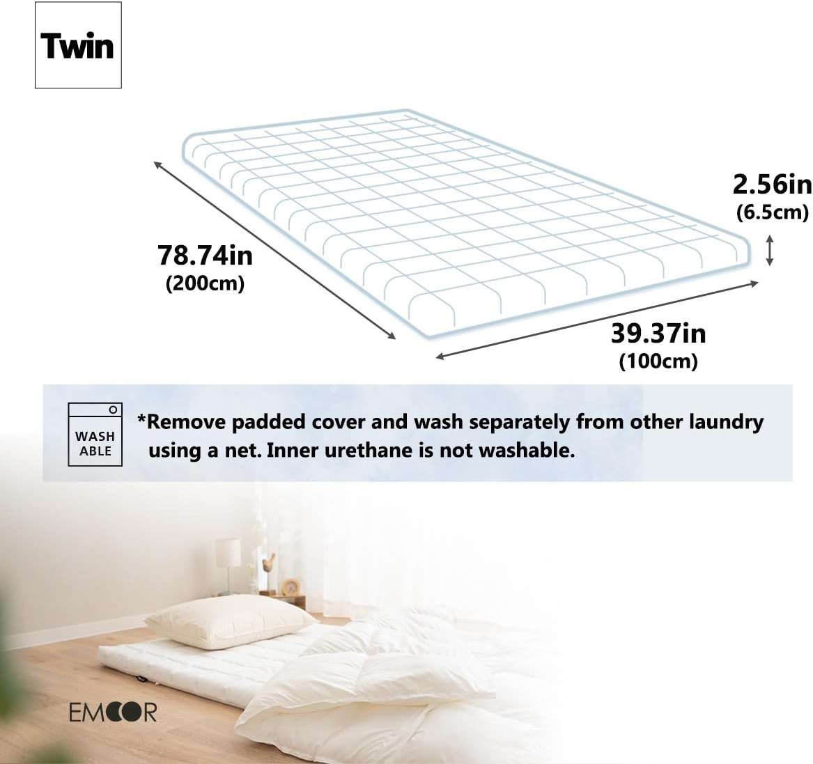 EMOOR Washable Japanese Futon Mattress Twin White, Removable Zip Cover Foldable Storable Lightweight Guest Bed Tatami Mat - Image 2