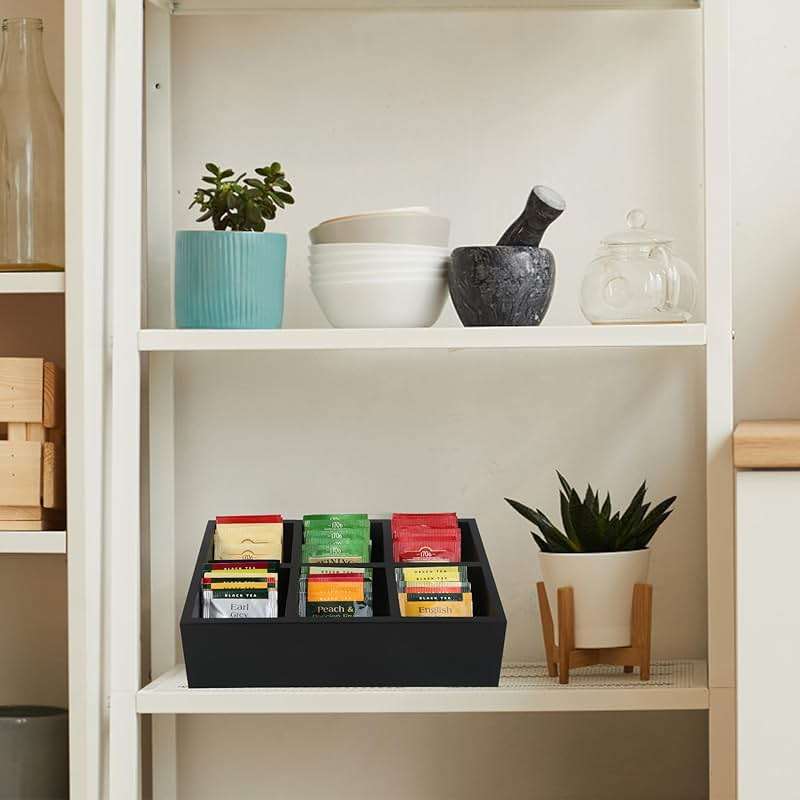 HymoConn Tea Bag Box Wood Black 6 Compartments Tea Bag Organizer Drawer Storage, Large Capacity Sugar Packet Holder for Coffee Station,Sweeteners, Condiment Organizer - Image 4