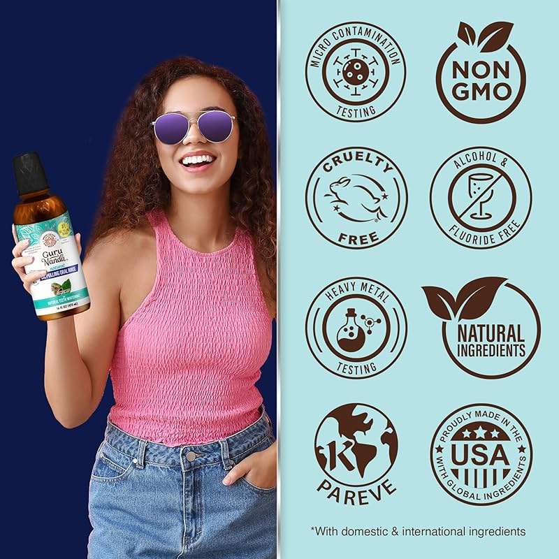 GuruNanda Farmed Mint Oil Pulling Mouthwash for Complete Oral Hygiene, 7 Essential Oils & Vitamins for Happy Teeth & Gums & Fresh Breath, Alcohol-Free, 16 oz - Image 8
