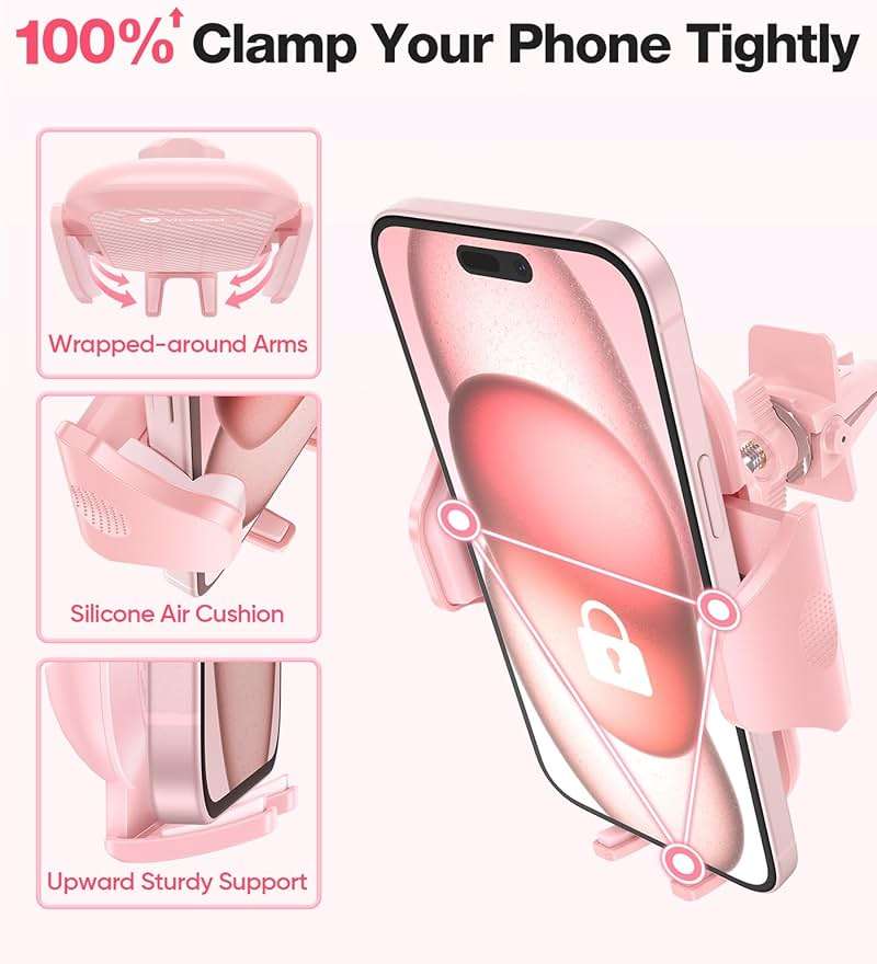 VICSEED Pink Phone Holder for Your Car [ Sturdy & Secure ] Air Vent Phone Mount for Car Hands Free Easy Clamp Cradle in Vehicle for iPhone Samsung Android Smartphone, Pink Car Accessories - Image 2