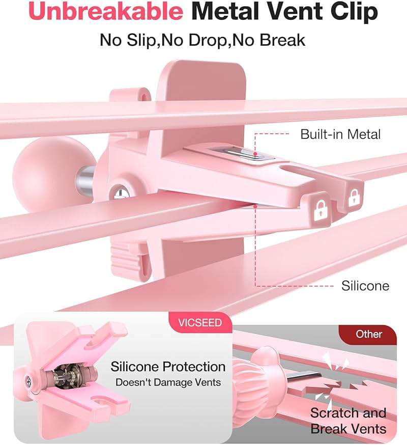 VICSEED Pink Phone Holder for Your Car [ Sturdy & Secure ] Air Vent Phone Mount for Car Hands Free Easy Clamp Cradle in Vehicle for iPhone Samsung Android Smartphone, Pink Car Accessories - Image 3
