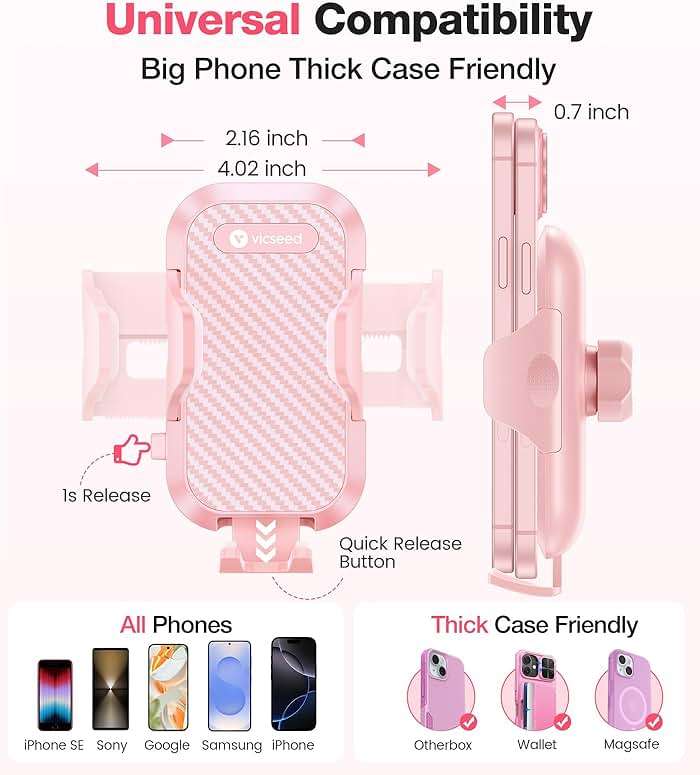 VICSEED Pink Phone Holder for Your Car [ Sturdy & Secure ] Air Vent Phone Mount for Car Hands Free Easy Clamp Cradle in Vehicle for iPhone Samsung Android Smartphone, Pink Car Accessories - Image 5