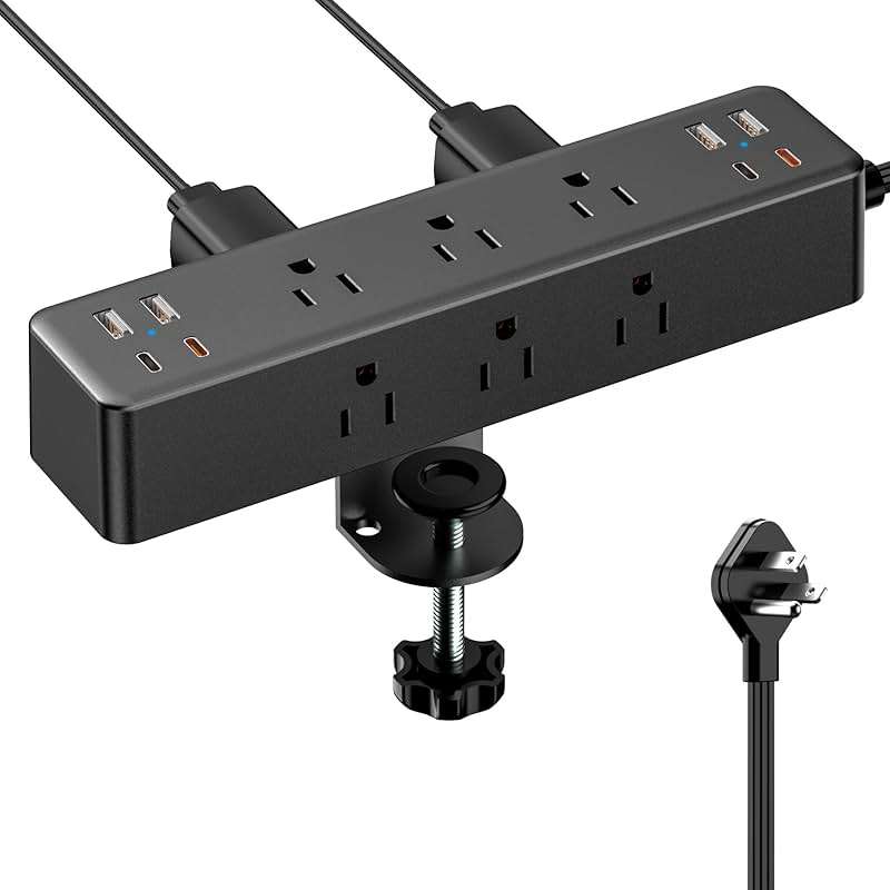 Flat Plug Desk Clamp Power Strip 10FT, 40W Total Fast Charging Station, Dual PD 20W USB C Ports, Desk Edge Mount Power Strip 9 AC Outlets 8 USB Ports(4 USB C), Fit 1.7" Tabletop Edge - Image 1