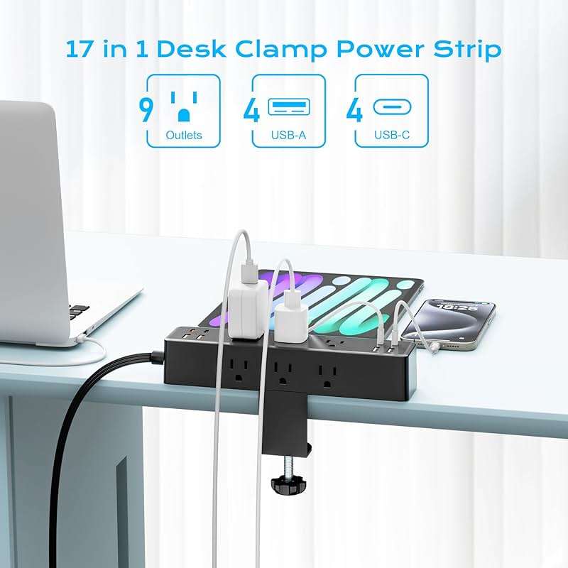 Flat Plug Desk Clamp Power Strip 10FT, 40W Total Fast Charging Station, Dual PD 20W USB C Ports, Desk Edge Mount Power Strip 9 AC Outlets 8 USB Ports(4 USB C), Fit 1.7" Tabletop Edge - Image 2