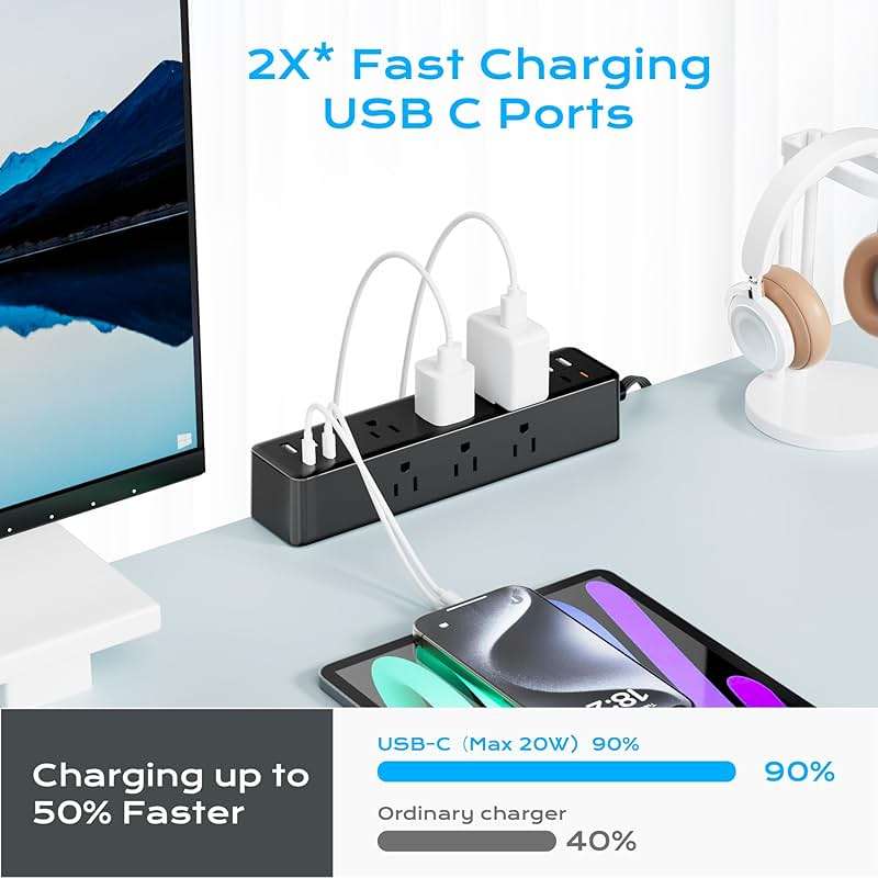 Flat Plug Desk Clamp Power Strip 10FT, 40W Total Fast Charging Station, Dual PD 20W USB C Ports, Desk Edge Mount Power Strip 9 AC Outlets 8 USB Ports(4 USB C), Fit 1.7" Tabletop Edge - Image 3