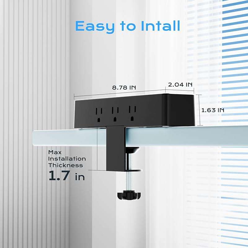Flat Plug Desk Clamp Power Strip 10FT, 40W Total Fast Charging Station, Dual PD 20W USB C Ports, Desk Edge Mount Power Strip 9 AC Outlets 8 USB Ports(4 USB C), Fit 1.7" Tabletop Edge - Image 4