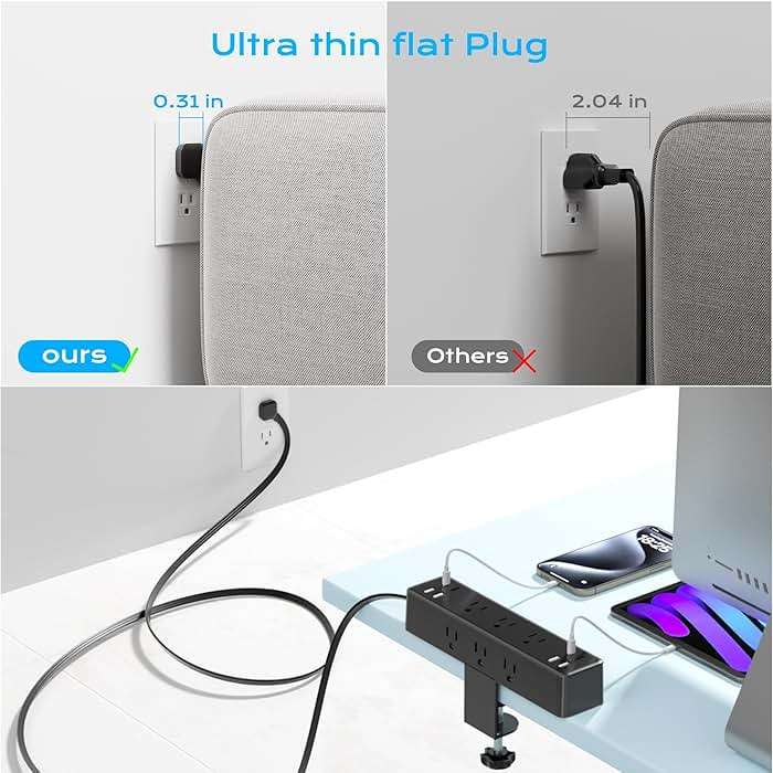 Flat Plug Desk Clamp Power Strip 10FT, 40W Total Fast Charging Station, Dual PD 20W USB C Ports, Desk Edge Mount Power Strip 9 AC Outlets 8 USB Ports(4 USB C), Fit 1.7" Tabletop Edge - Image 5