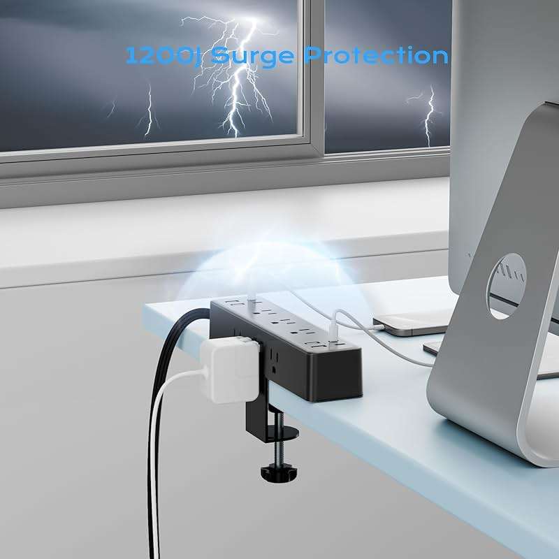 Flat Plug Desk Clamp Power Strip 10FT, 40W Total Fast Charging Station, Dual PD 20W USB C Ports, Desk Edge Mount Power Strip 9 AC Outlets 8 USB Ports(4 USB C), Fit 1.7" Tabletop Edge - Image 7
