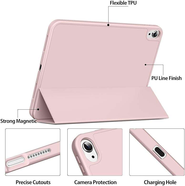 Kenke for iPad 11/10th Gen Case with Pencil Holder 11/10.9 inch 2025 A16/2022, Soft TPU Back Shell Hybrid Slim Trifold Stand Protective Cover Support Touch ID Auto Wake/Sleep (Pink) - Image 5