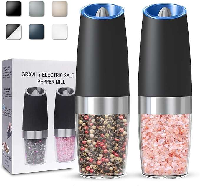 UNNEES Battery Operated Gravity Electric Salt and Pepper Grinder Set, Automatic Salt and Pepper Grinder Set, Adjustable Roughness,12 Batteries Required, LED Light, 2 Pack, (Black) - Image 1