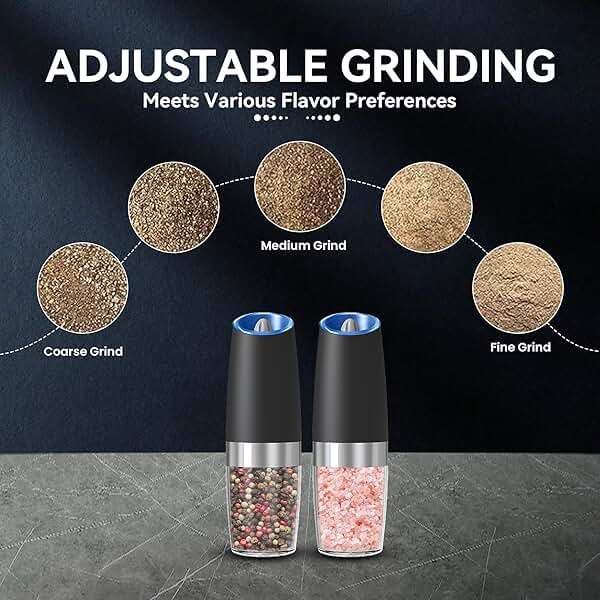 UNNEES Battery Operated Gravity Electric Salt and Pepper Grinder Set, Automatic Salt and Pepper Grinder Set, Adjustable Roughness,12 Batteries Required, LED Light, 2 Pack, (Black) - Image 4