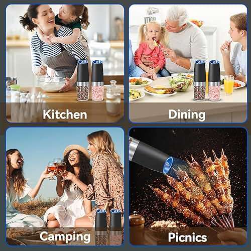UNNEES Battery Operated Gravity Electric Salt and Pepper Grinder Set, Automatic Salt and Pepper Grinder Set, Adjustable Roughness,12 Batteries Required, LED Light, 2 Pack, (Black) - Image 7