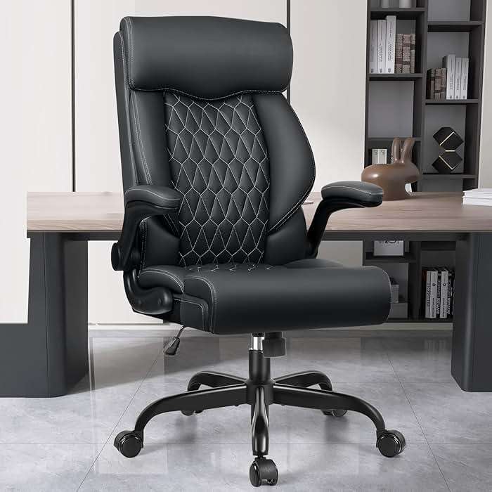 High Back Executive Office Chair - Ergonomic Computer Desk with Rocking Function, Leather Managerial with Adjustable Flip-Up Armrests and Lumbar Support - Image 1
