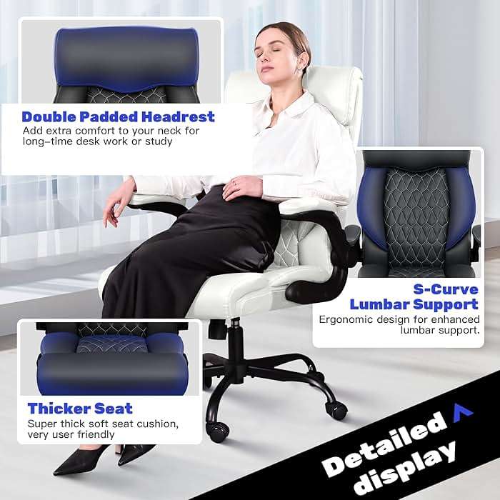 High Back Executive Office Chair - Ergonomic Computer Desk with Rocking Function, Leather Managerial with Adjustable Flip-Up Armrests and Lumbar Support - Image 6