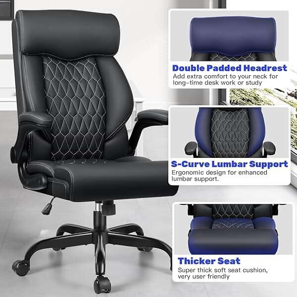 High Back Executive Office Chair - Ergonomic Computer Desk with Rocking Function, Leather Managerial with Adjustable Flip-Up Armrests and Lumbar Support - Image 7