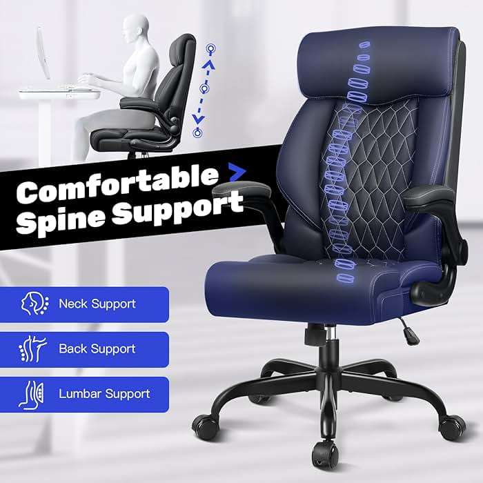High Back Executive Office Chair - Ergonomic Computer Desk with Rocking Function, Leather Managerial with Adjustable Flip-Up Armrests and Lumbar Support - Image 8
