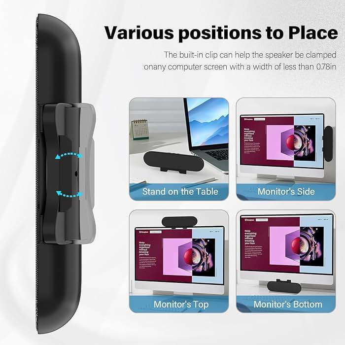 LXTNFU Computer Speakers for Desktop Monitor,Single Speakers for Desktop PC,Laptop Speaker with Loud Sound,Volume Control Easily Clamps to Monitors(USB-C to USB Adapter Included) (Black) - Image 3