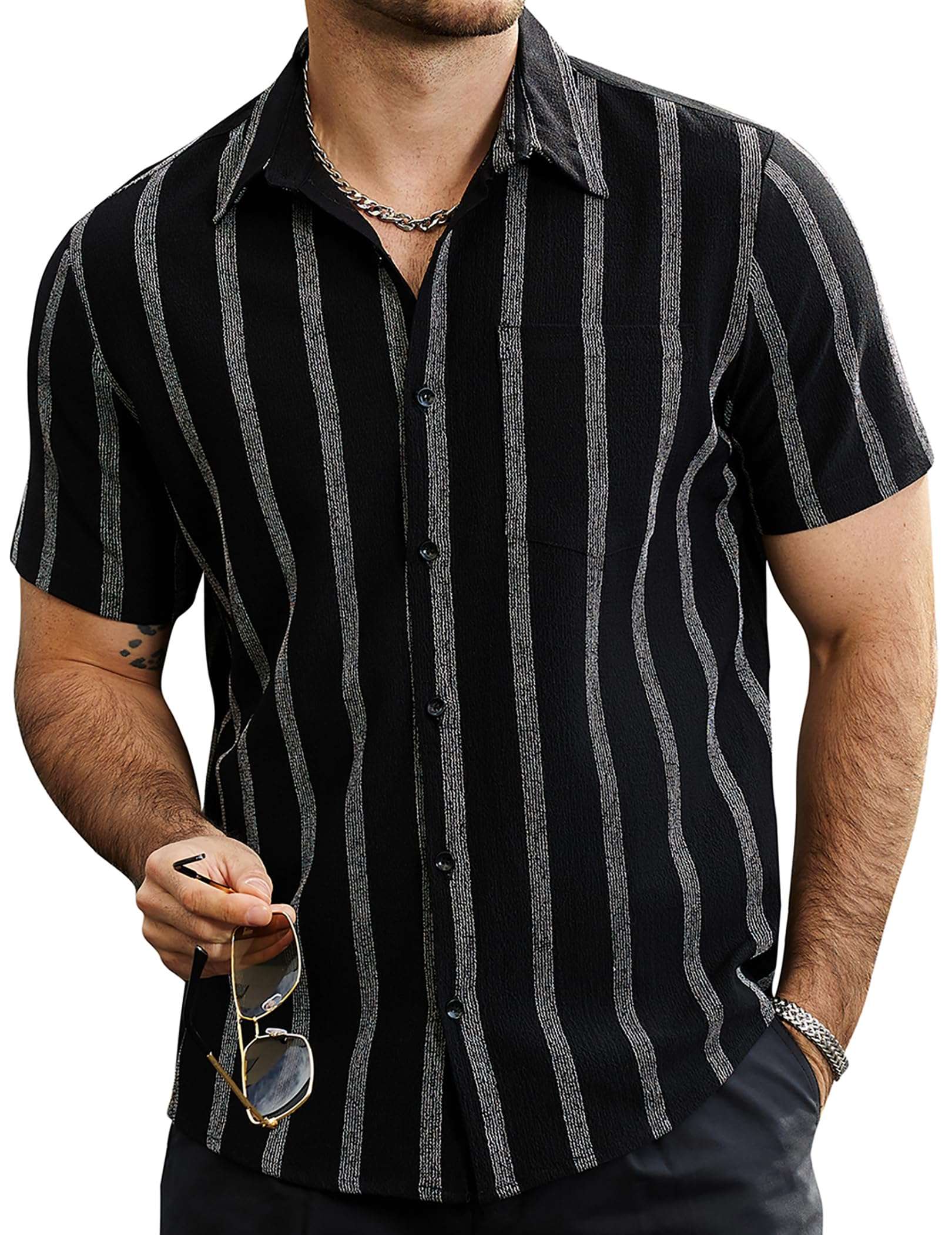 VATPAVE Mens Summer Striped Shirts Button Down Short Sleeve Vintage Beach Hawaiian Shirts with Pocket - Image 1