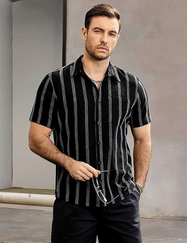 VATPAVE Mens Summer Striped Shirts Button Down Short Sleeve Vintage Beach Hawaiian Shirts with Pocket - Image 3