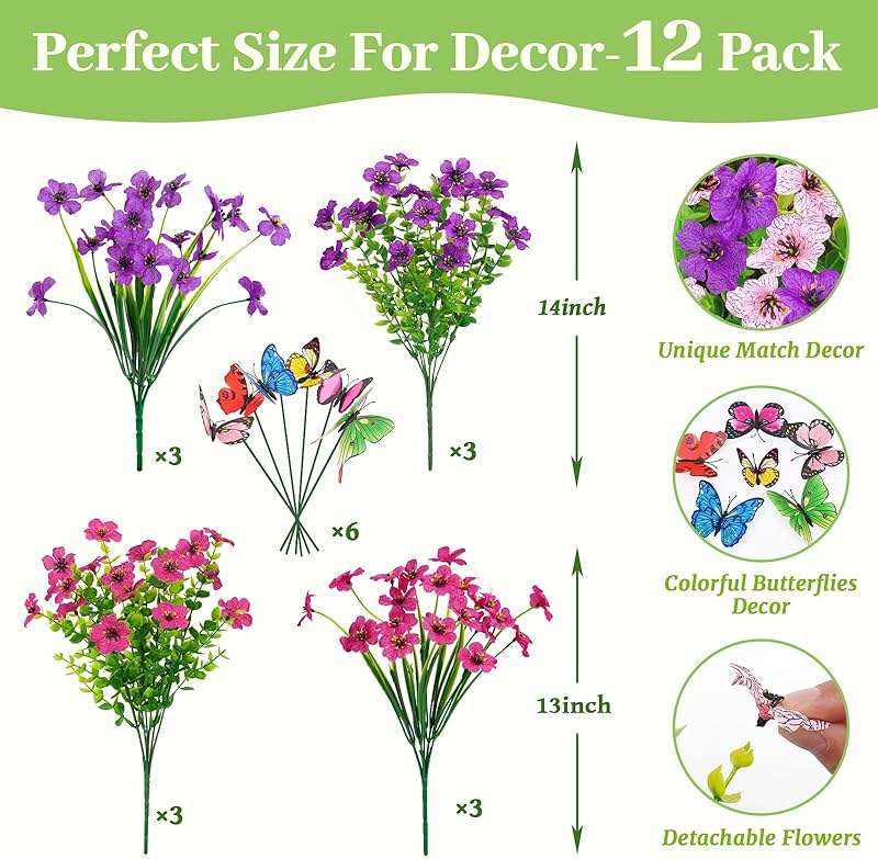 Yastouay 12 Bundles Artificial Flowers for Outdoors, UV Resistant Artificial Outdoor Flowers No Fade Fake Outdoor Flowers Plants for Garden Porch Window Box Pot Planters Decor (Fuchsia+Rose Red) - Image 2